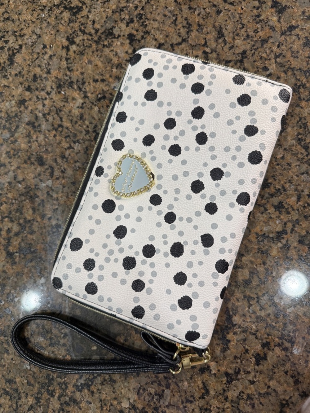 Polka Dot Heart Accent Wristlet Wallet - White with Black & Gray Dots